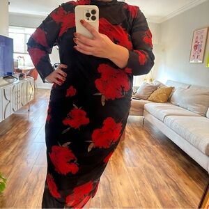 Elegant Red Floral Mesh Dress